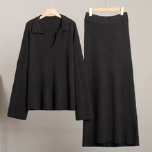 Load image into Gallery viewer, Polo Collar Loose Pullover Knit Sweater Skirt Set: Green / M