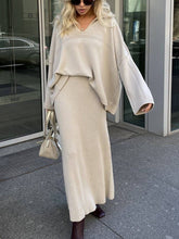 Load image into Gallery viewer, Polo Collar Loose Pullover Knit Sweater Skirt Set: Green / M