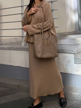 Load image into Gallery viewer, Polo Collar Loose Pullover Knit Sweater Skirt Set: Green / M