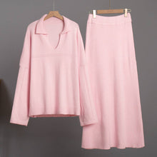 Load image into Gallery viewer, Polo Collar Loose Pullover Knit Sweater Skirt Set: Green / M