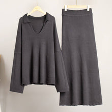Load image into Gallery viewer, Polo Collar Loose Pullover Knit Sweater Skirt Set: Green / M