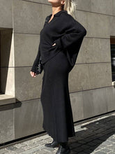Load image into Gallery viewer, Polo Collar Loose Pullover Knit Sweater Skirt Set: Green / M
