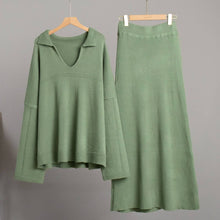 Load image into Gallery viewer, Polo Collar Loose Pullover Knit Sweater Skirt Set: Green / M